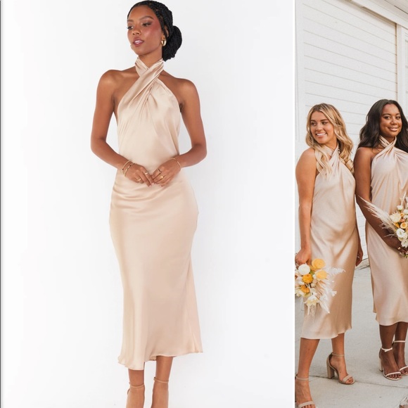 Show Me Your MuMu Dresses & Skirts - Show Me Your Mumu- Jasmine Halter Midi dress in Champagne Satin Bridesmaid Dress